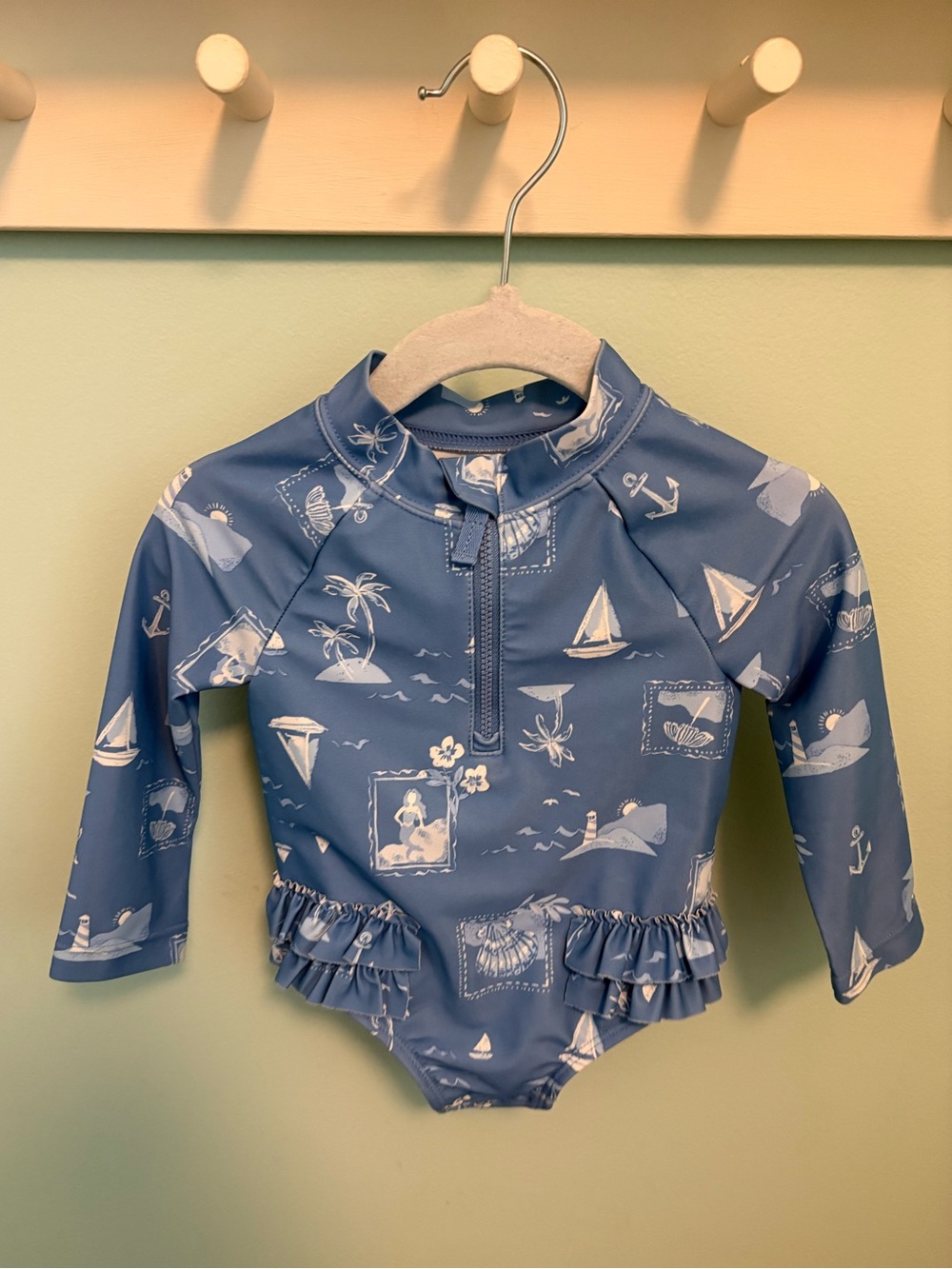 Carter’s Blue Long-Sleeve Ruffle One-Piece Rashguard Swim Suit